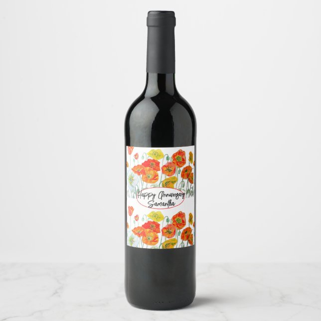 Étiquette Pour Bouteilles De Vin Anniversaire de la fleur de pavot rouge orange (Devant)