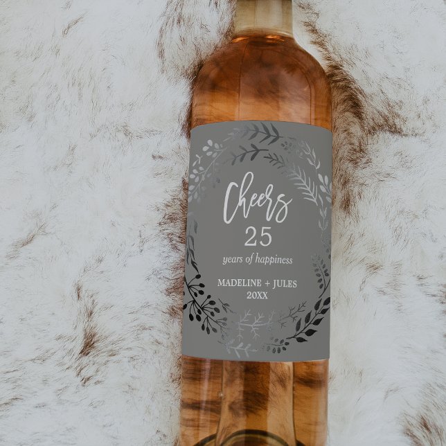 Étiquette Pour Bouteilles De Vin Anniversaire de l'élégant argent et gris "Cheers" (Créateur téléchargé)