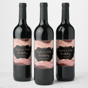 Étiquette Pour Bouteilles De Vin Anniversaire de naissance Agate Noir et Rose à Pai