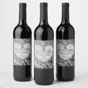 Étiquette Pour Bouteilles De Vin Anniversaire du Mariage du coeur en métal argenté