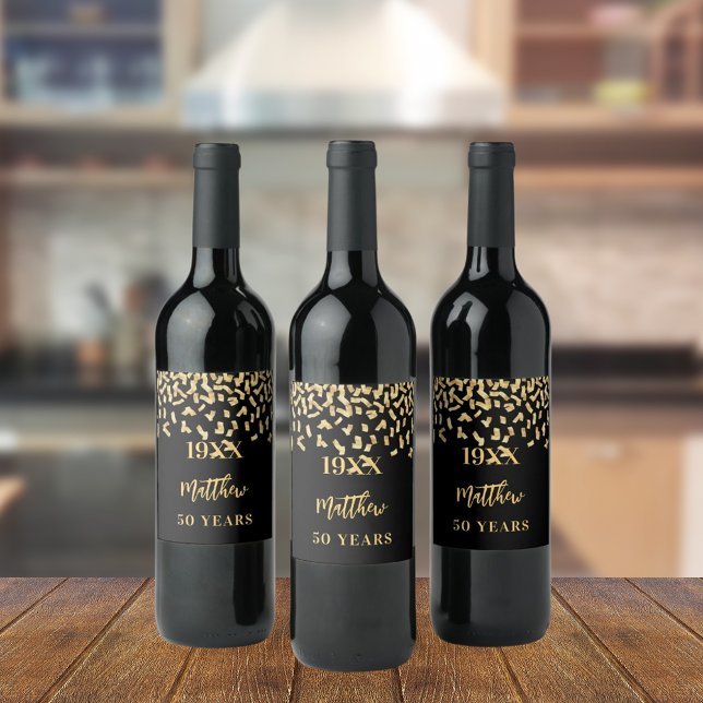 Étiquette Pour Bouteilles De Vin Anniversaire fête Noir confetti nom années (Créateur téléchargé)