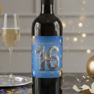 Étiquette Pour Bouteilles De Vin Anniversaire Glamour Bleu Or Paillettes Sweet 16