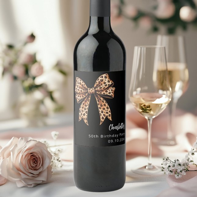 Étiquette Pour Bouteilles De Vin Anniversaire noir empreinte de léopard (Créateur téléchargé)