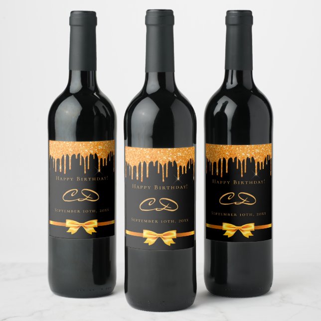 Étiquette Pour Bouteilles De Vin Anniversaire noir glitter goutte monogramme initia (Bouteilles)