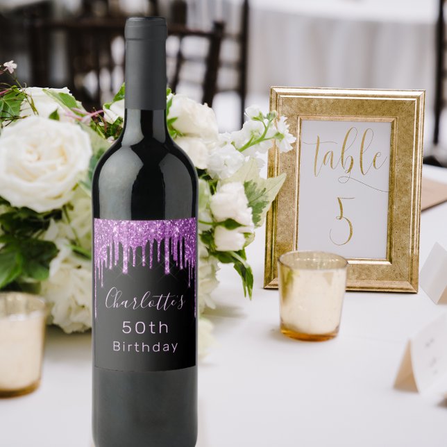 Étiquette Pour Bouteilles De Vin Anniversaire noir violet parties scintillant goutt (Créateur téléchargé)