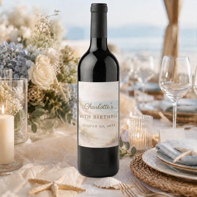 Étiquette Pour Bouteilles De Vin Anniversaire plage élégant côtier (Créateur téléchargé)