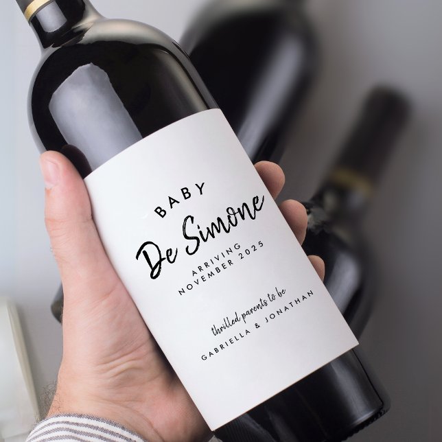 Étiquette Pour Bouteilles De Vin Annonce de grossesse noir blanc moderne  (Créateur téléchargé)