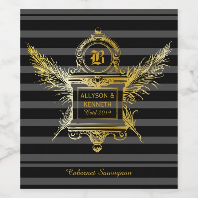 Étiquette Pour Bouteilles De Vin Antique Quill Plumes Classic Gold Cadre Monogramme (Étiquettes simples)