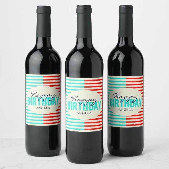 Étiquette Pour Bouteilles De Vin Aqua & Red Joyeux anniversaire (Bouteilles)