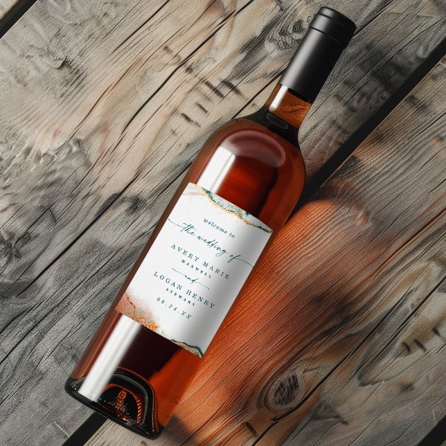 Étiquette Pour Bouteilles De Vin Aquarelle Abstraite moderne Turquoise et Mariage e (Elegant teal and copper watercolor wine label personalized for a wedding.)
