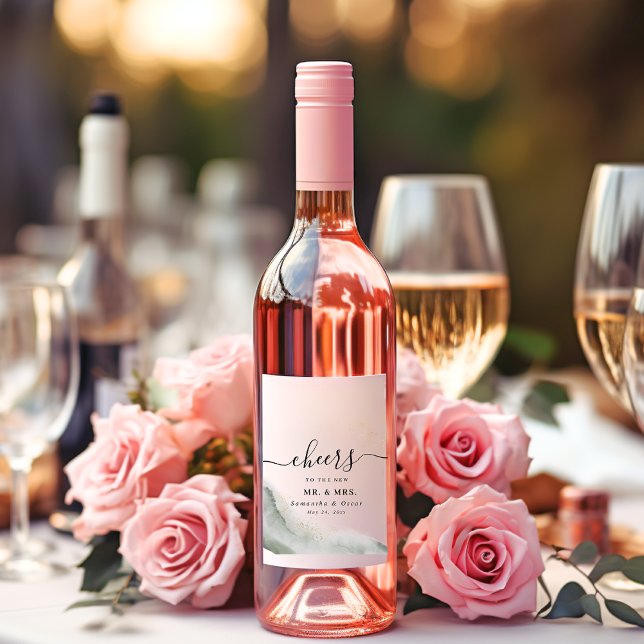 Étiquette Pour Bouteilles De Vin Aquarelle Abstraite Traits de Pinceau Verts & Or (Créateur téléchargé)