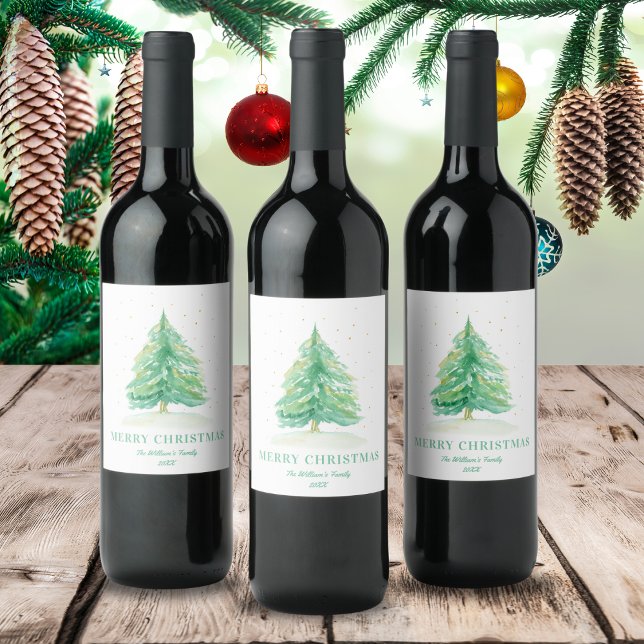 Étiquette Pour Bouteilles De Vin Aquarelle Arbre de Noël Avec Neige Or (Créateur téléchargé)