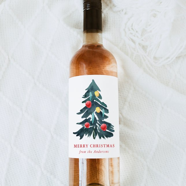 Étiquette Pour Bouteilles De Vin Aquarelle Arbre de Noël avec Ornements (Créateur téléchargé)