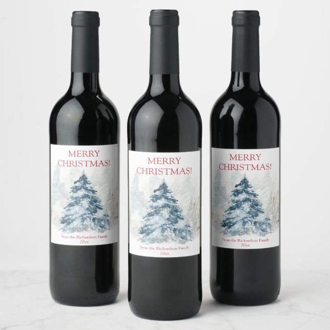Étiquette Pour Bouteilles De Vin Aquarelle arbre de Noël hiver merveilleux (Bouteilles)