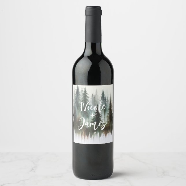 Étiquette Pour Bouteilles De Vin Aquarelle Arbres Rustique Wilderness Mariage (Devant)