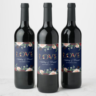 Étiquette Pour Bouteilles De Vin Aquarelle Bleu Bourgogne Floral Gold Mariage