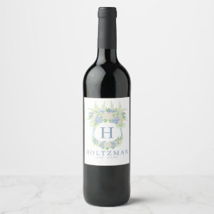 Étiquette Pour Bouteilles De Vin Aquarelle Bleu et Blanc Hydrangea Crest