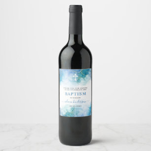 Étiquette Pour Bouteilles De Vin Aquarelle bleu moderne Boy Baptême Merci