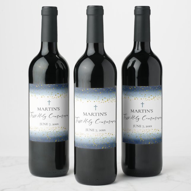 Étiquette Pour Bouteilles De Vin aquarelle bleue Première Communion (Bouteilles)