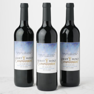 Étiquette Pour Bouteilles De Vin Aquarelle bleue Première communion sainte