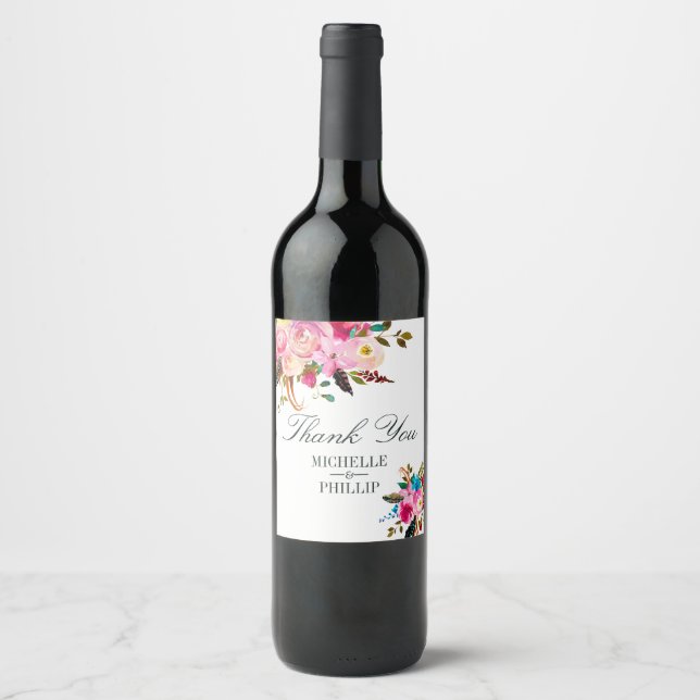 Étiquette Pour Bouteilles De Vin Aquarelle Boho Chic Mariage Floral Merci (Devant)