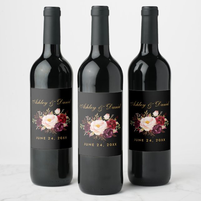 Étiquette Pour Bouteilles De Vin Aquarelle Bourgogne Floral Mariage Black Gold (Bouteilles)