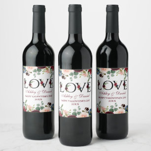 Étiquette Pour Bouteilles De Vin Aquarelle Bourgogne Mixte Floral Love Valentine's