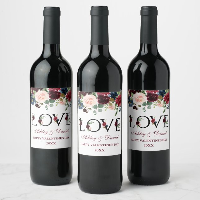 Étiquette Pour Bouteilles De Vin Aquarelle Bourgogne Mixte Floral Valentine's Love (Bouteilles)