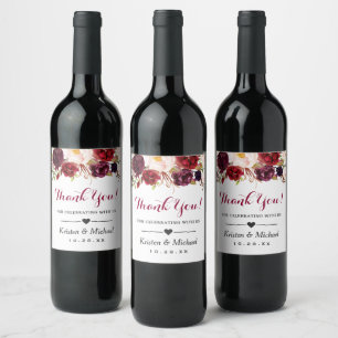 Étiquette Pour Bouteilles De Vin Aquarelle Bourgogne Rouge Floral Mariage Merci