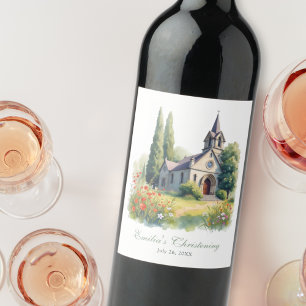 Étiquette Pour Bouteilles De Vin Aquarelle Campagne Église Baptême Christening