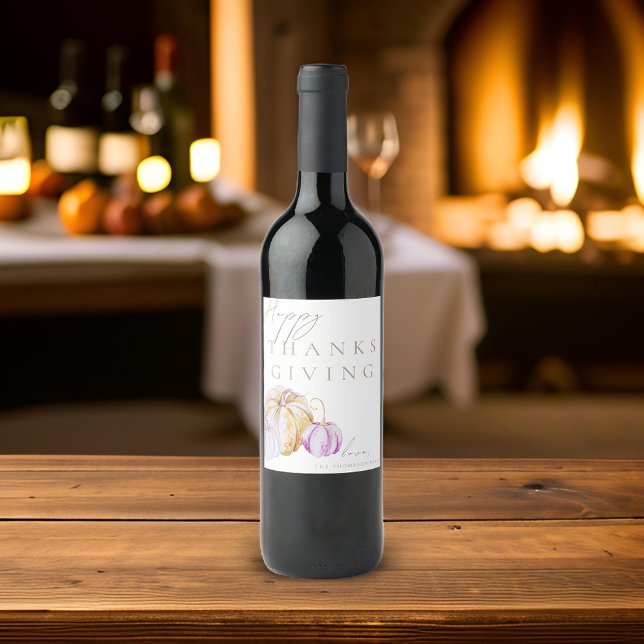 Étiquette Pour Bouteilles De Vin Aquarelle Chute Citrouille Thanksgiving (Créateur téléchargé)