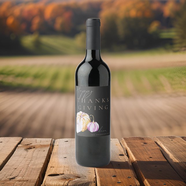 Étiquette Pour Bouteilles De Vin Aquarelle Chute Citrouille Thanksgiving Noir (Créateur téléchargé)