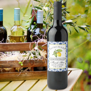 Étiquette Pour Bouteilles De Vin Aquarelle Citron Bleu Carreaux Limoncello Étiquett