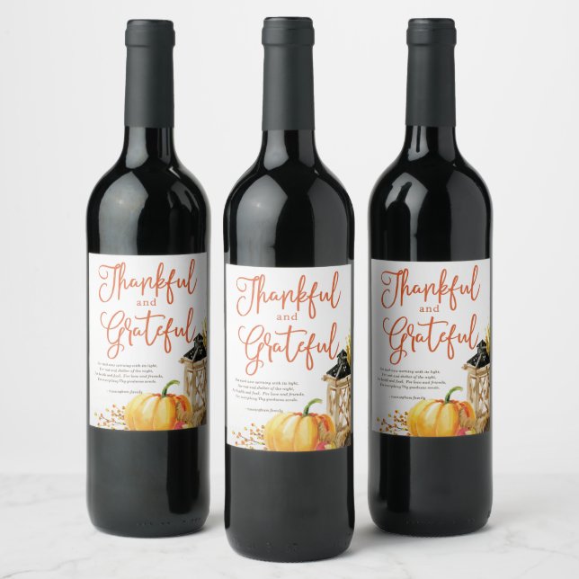 Étiquette Pour Bouteilles De Vin Aquarelle Citrouille Cornucopia Thanksgiving Poème (Bouteilles)