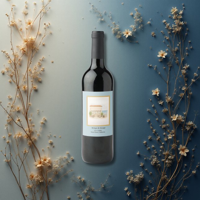 Étiquette Pour Bouteilles De Vin aquarelle côtière méditerranéenne mariage océaniqu (Créateur téléchargé)