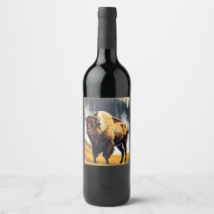 Étiquette Pour Bouteilles De Vin Aquarelle de Bison Buffalo du parc national olympi