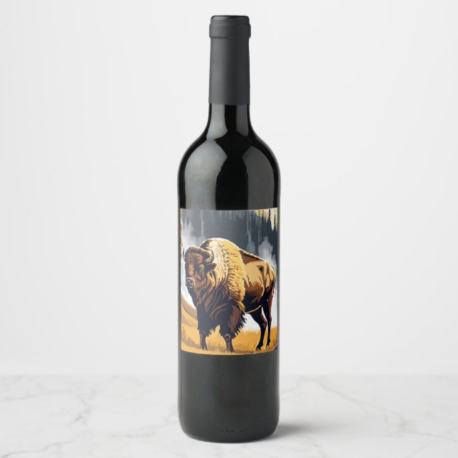 Étiquette Pour Bouteilles De Vin Aquarelle de Bison Buffalo du parc national olympi (Devant)