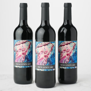 Étiquette Pour Bouteilles De Vin Aquarelle de méduse colorée art océanique