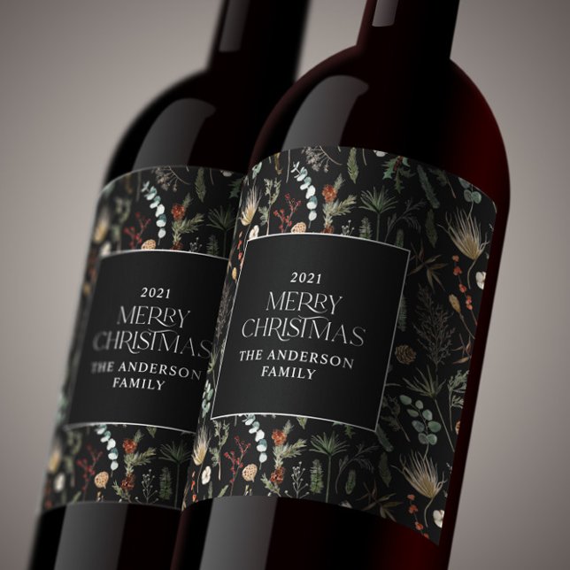 Étiquette Pour Bouteilles De Vin Aquarelle de Noël botanique floral foncé moody w (Créateur téléchargé)