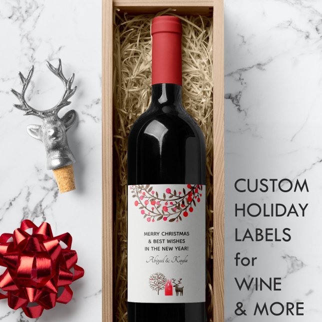 Étiquette Pour Bouteilles De Vin Aquarelle de rennes d'art populaire 🦌 Fumer blanc (🦌 Cute Watercolor Reindeer Smoke White or Any Color Wine Label 
)