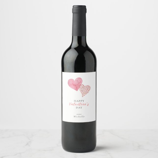 Étiquette Pour Bouteilles De Vin Aquarelle Deux Coeurs, Saint Valentin (Devant)