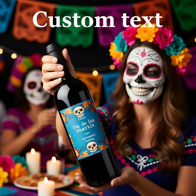 Étiquette Pour Bouteilles De Vin 💀 🎉 Aquarelle Día de Muertos (Watercolor style Día de Muertos Party Wine Label)