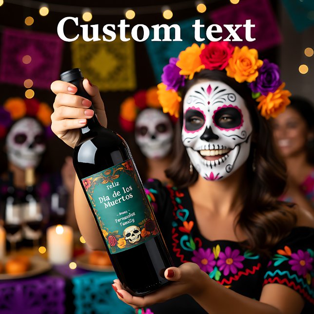 Étiquette Pour Bouteilles De Vin 💀 🎉 Aquarelle Día de Muertos (Watercolor style Día de Muertos Party Wine Label)