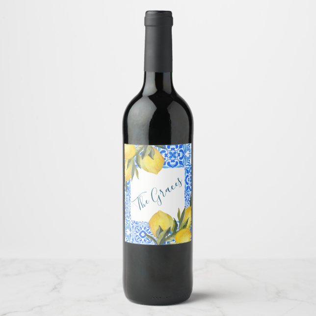 Étiquette Pour Bouteilles De Vin Aquarelle en mosaïque toscane avec citron (Devant)