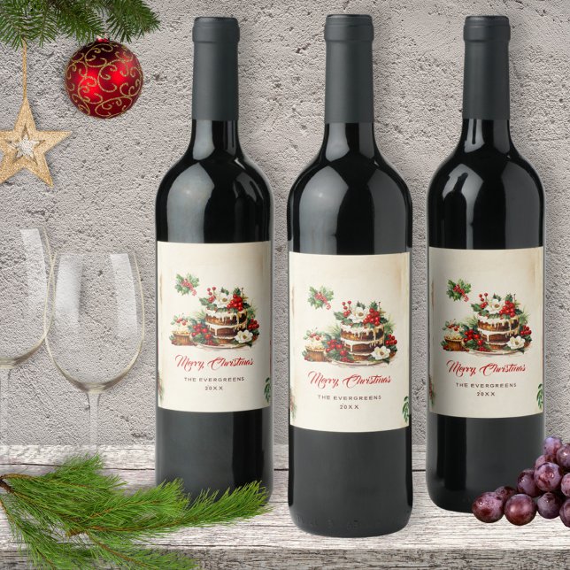 Étiquette Pour Bouteilles De Vin Aquarelle Feuilles scandinaves Joyeux Noël (Créateur téléchargé)