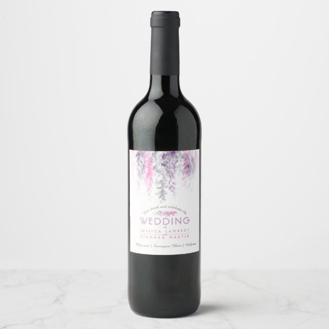 Étiquette Pour Bouteilles De Vin Aquarelle fleurie vigne indigo rose violet mariage (Devant)