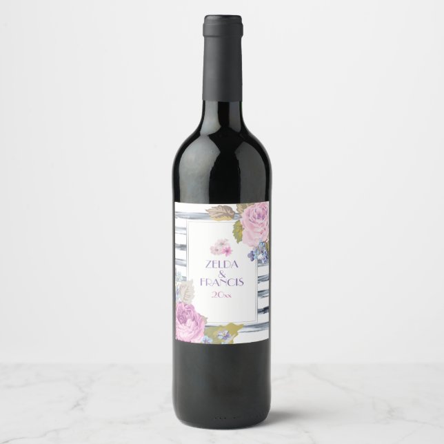 Étiquette Pour Bouteilles De Vin Aquarelle Fleurs et rayures (Devant)
