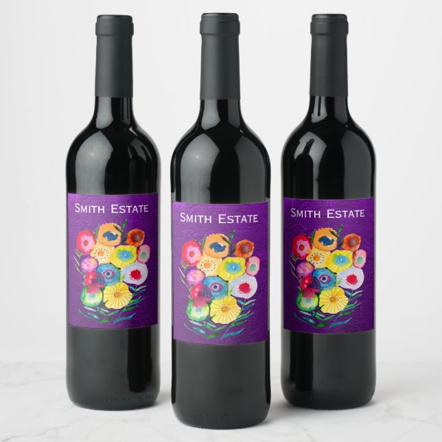 Étiquette Pour Bouteilles De Vin Aquarelle fleurs violettes fleuries florales (Bouteilles)
