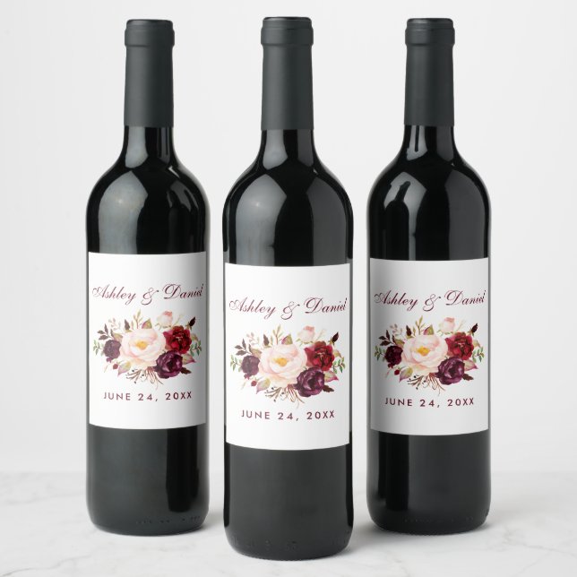 Étiquette Pour Bouteilles De Vin Aquarelle Floral Bourgogne Mariage (Bouteilles)