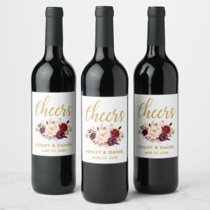 Étiquette Pour Bouteilles De Vin Aquarelle Floral Bourgogne Or Mariage Cheveux